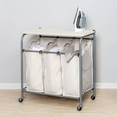 Silver/Natural Triple Laundry Sorter with Ironing Board - Natural/Silver