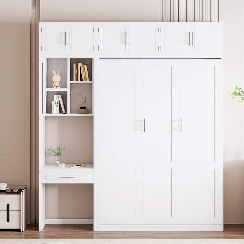 Full Size Space Saving Murphy Bed with Desk, Cabinets, and Shelves, White