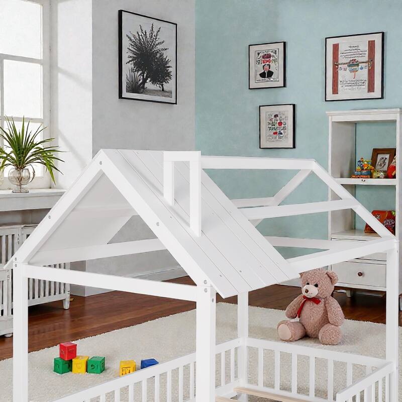 Twin Size Wooden House Bed with Fence, Roof Playhouse Design, Kids Montessori Floor Bed with Safety Rails