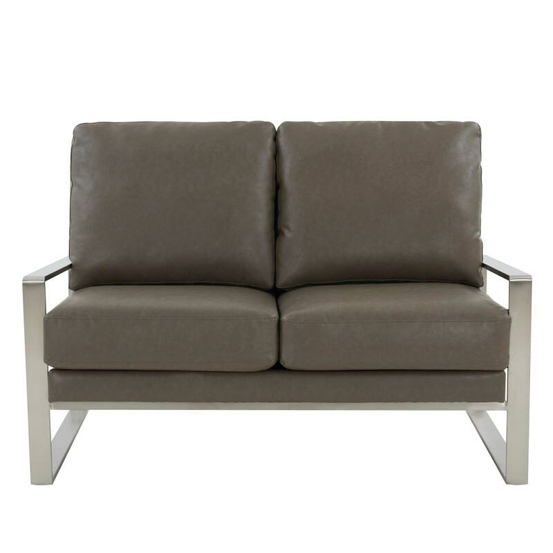 Jefferson Modern Leather Loveseat with Brushed Silver Stainless Steel Base, Removable Cushions, Sinuous Springs, Fully Assembled