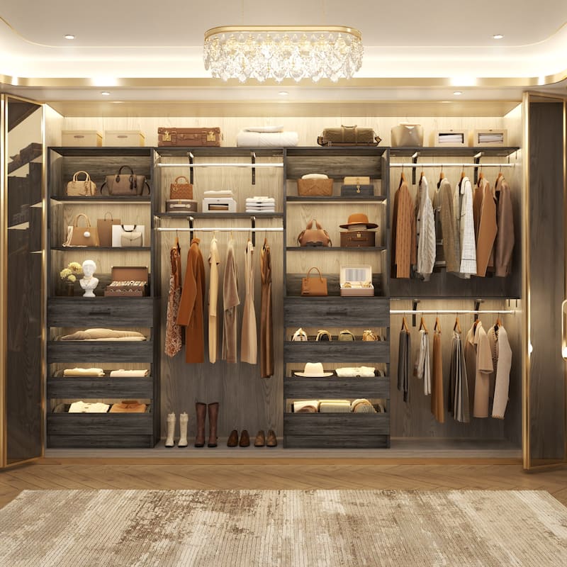 Set of 2 Closet System with Wooden Drawers and Hanging Rods, Closet Organizer with Adjustable Storage Shelves