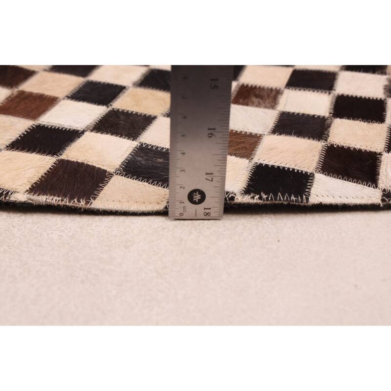 ECARPETGALLERY Handmade Cowhide Patchwork Dark Brown, Ivory Leather Rug - 7' x 7'