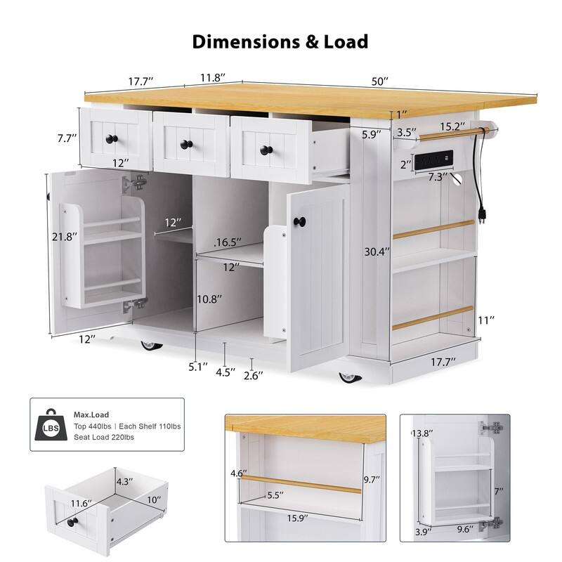 3-Piece/1 Piece Kitchen Island Set with/without 2 Bar Stools, Kitchen Cart on Wheels with 3 Drawers, Drop Leaf & Open Side Racks