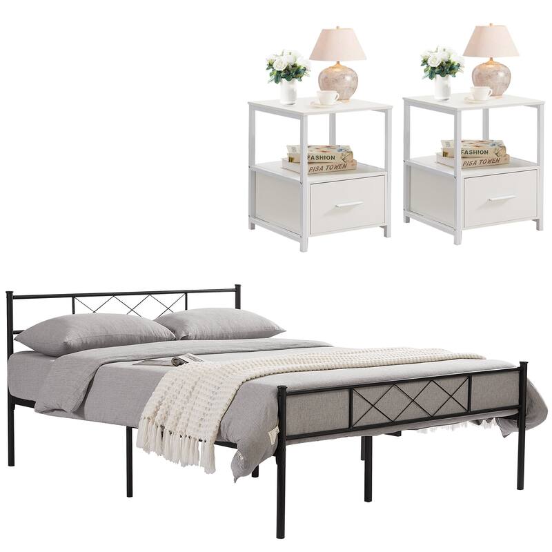 VECELO Industrial 3-Piece Bedroom Set Black Platform Bed Frame with Headboard and Modern Nightstand Set of 2