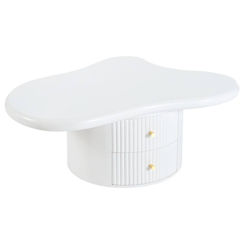 Cream Style Cloud-Shaped Coffee Table Set of 3, Irregular Design Cocktail End Table with Storage Drawer & 2 Small Stools