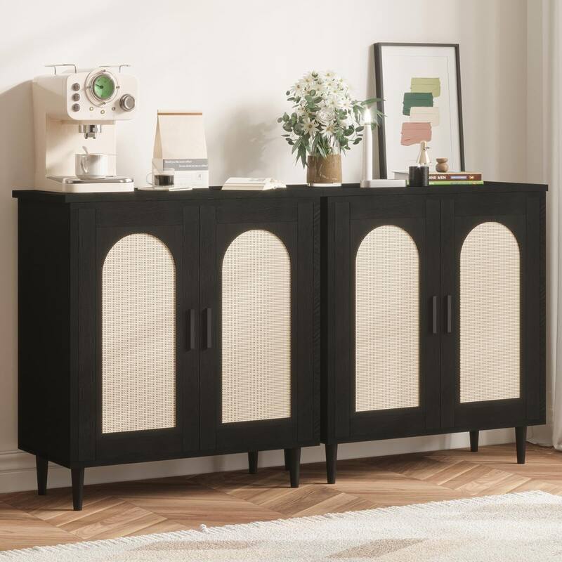 Sideboard Buffet Kitchen Storage Cabinet with Rattan, Solid Wood Feet for Living Room