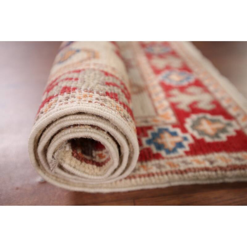 Hand Knotted Oriental 100% Wool Carpet Traditional Geometric Beige & Ivories Kazak Area Rug - 2' 10'' X 1' 10''