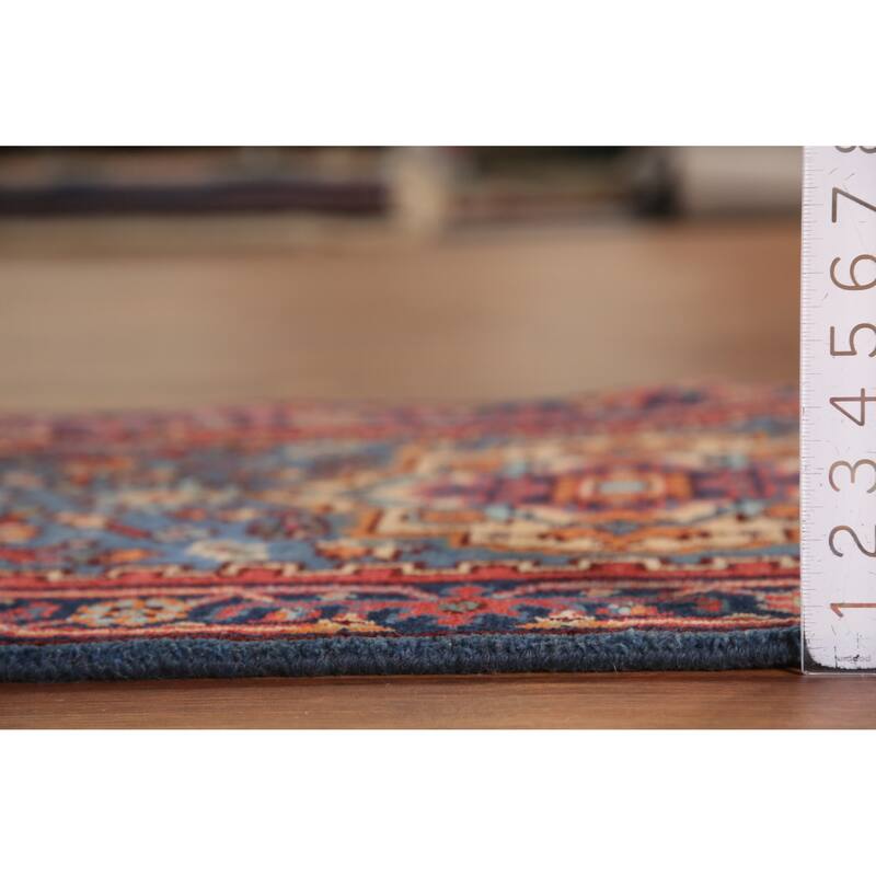 Hand Knotted Oriental 100% Wool Carpet Traditional Geometric Navy Blue & Blues Heriz (serapi) Runner Rug - 7' 10'' X 2' 7''