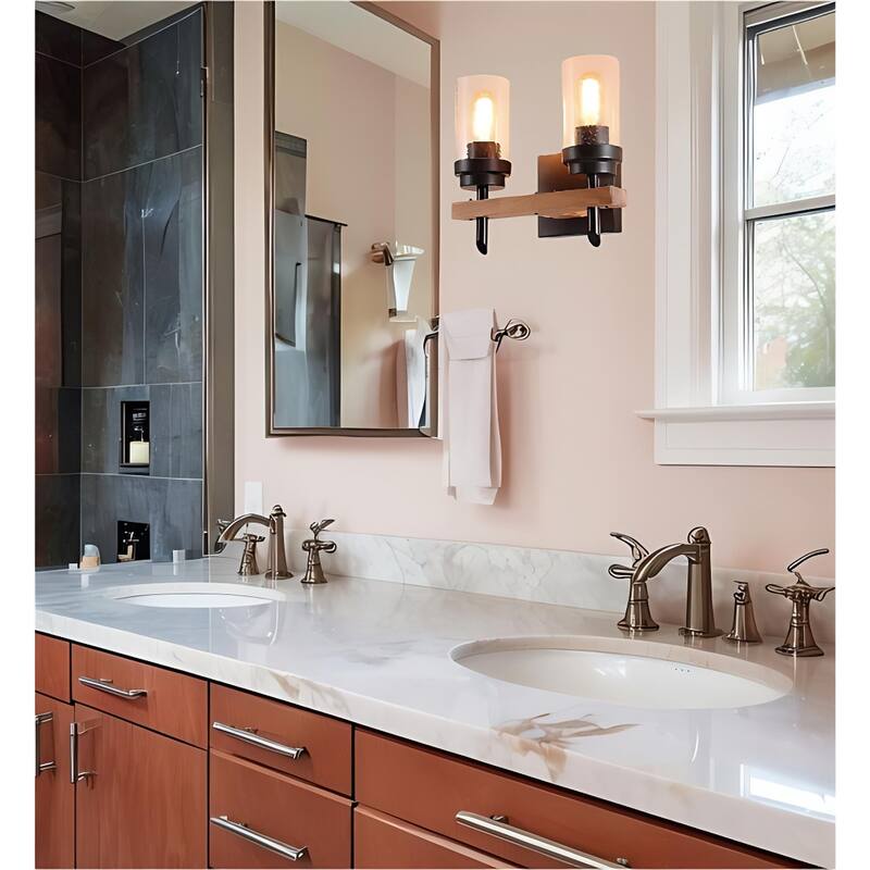 2-light Modern Wood Accents Wall Sconce With Seeded Glass Shade - Black/Brown