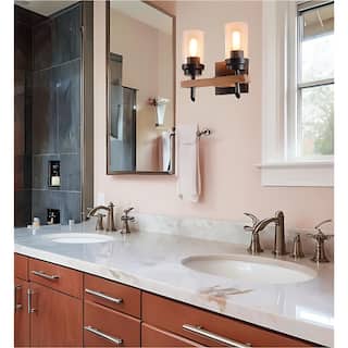 2-light Modern Wood Accents Wall Sconce With Seeded Glass Shade