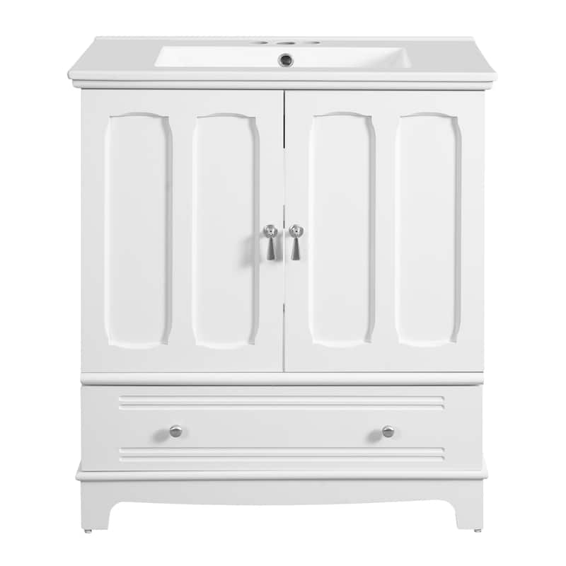 30" Bathroom Vanity with Ceramic Sink - Solid Wood Frame Bathroom Sink Cabinet with Adjustable Shelf