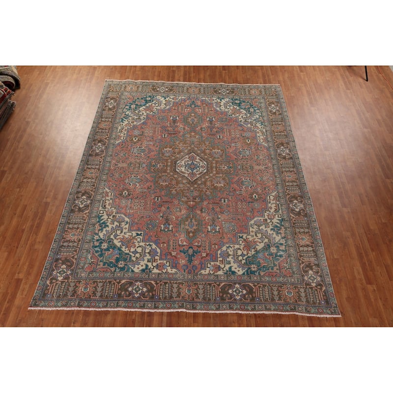 Pink Geometric Tabriz Persian Vintage Rug Hand-Knotted Wool Carpet - 9'7" x 12'10"