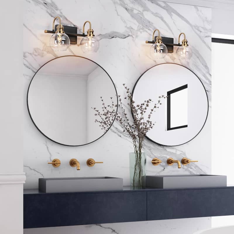 Modern 2-Light Black Gold Bathroom Vanity Lights Globe Glass Wall Sconce - 14.5" L x 7" W x 9" H