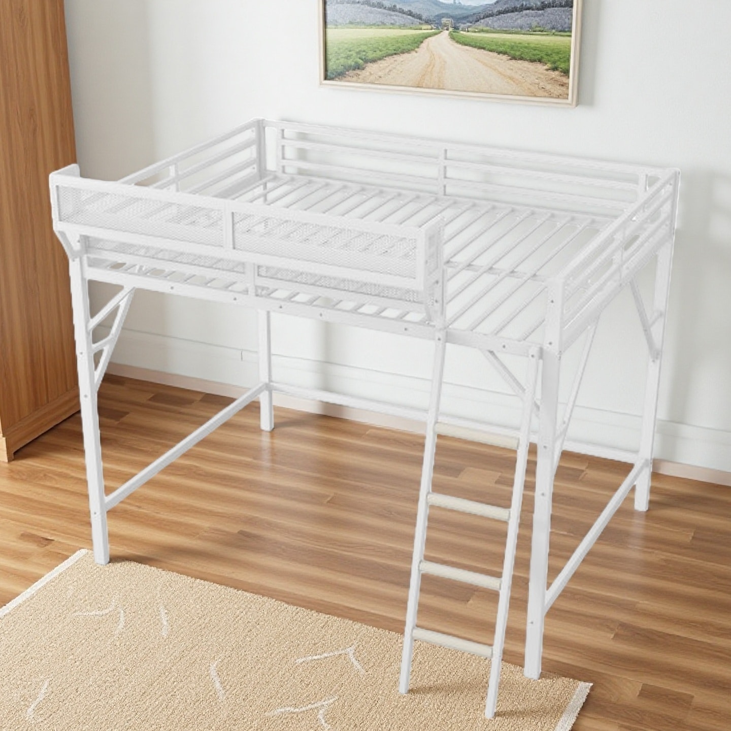 Queen Size Loft Bed with Metal Frame, High Loft Design with Ladder and Built-in Storage Shelves for Kids and Teens