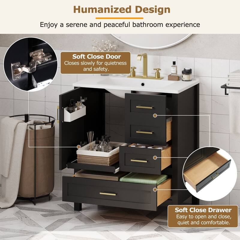 Modern 30-Inch Bathroom Vanity with Solid Wood Frame, Storage Cabinet & Soft-Close Features