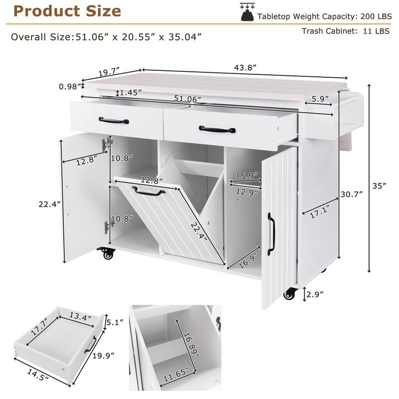Rolling Kitchen Island with Trash Can, Kitchen Cart with Drop Leaf, Adjustable Shelf