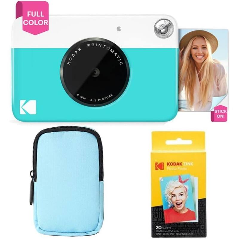 Kodak Printomatic Instant Print Camera Bundle with Blue Soft Case & 20-Pack Zink Photo Paper - N/A