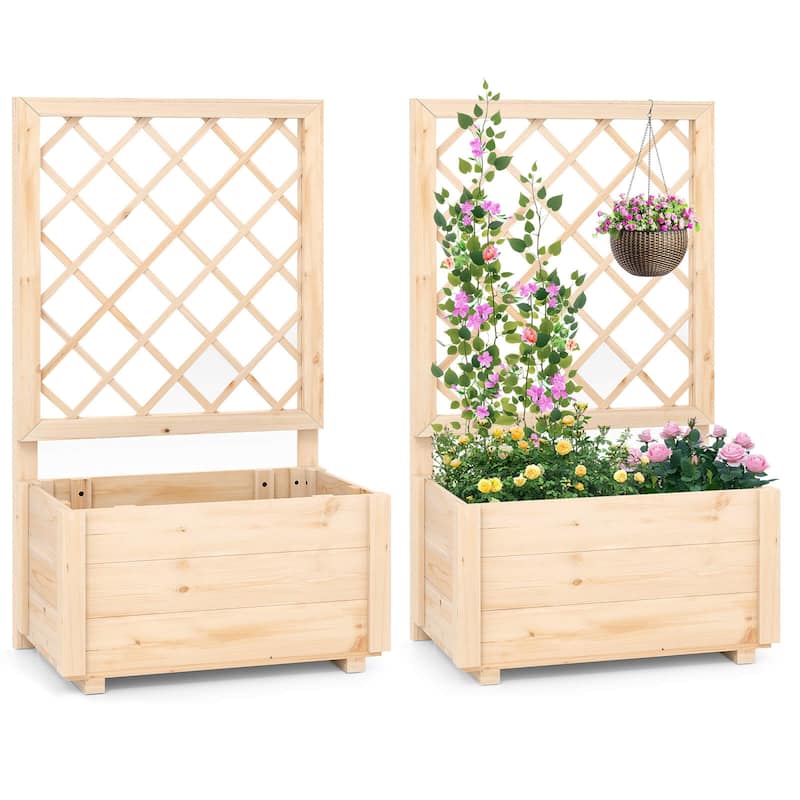 Costway 1/2 PCS 40" Tall Wooden Raised Garden Bed with Lattice Trellis - Natural - 2 PCS