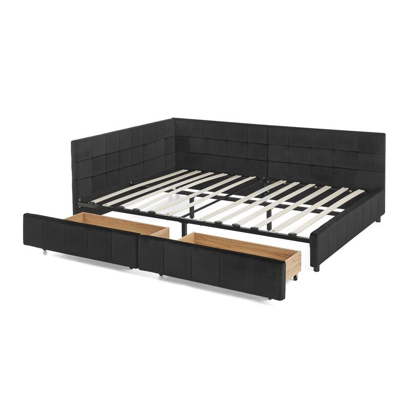 Mid-Century Full Size Daybed with Velvet Upholstery and Storage Drawers