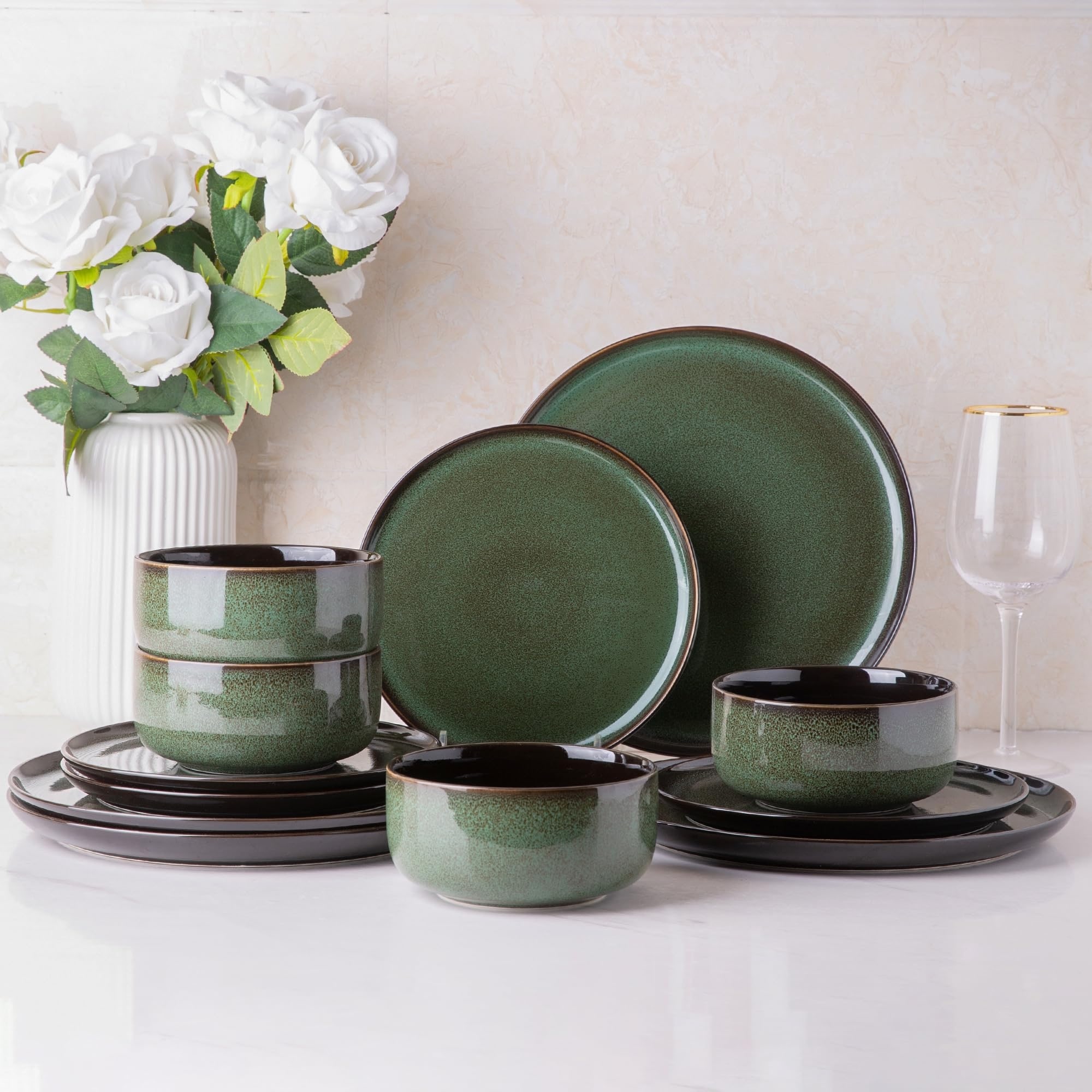Ceramic Dinnerware Sets,12-Piece Plates and Bowls,Handmade Reactive Glaze Dishes Set,Chip Resistant & Scratch Resistant Oven