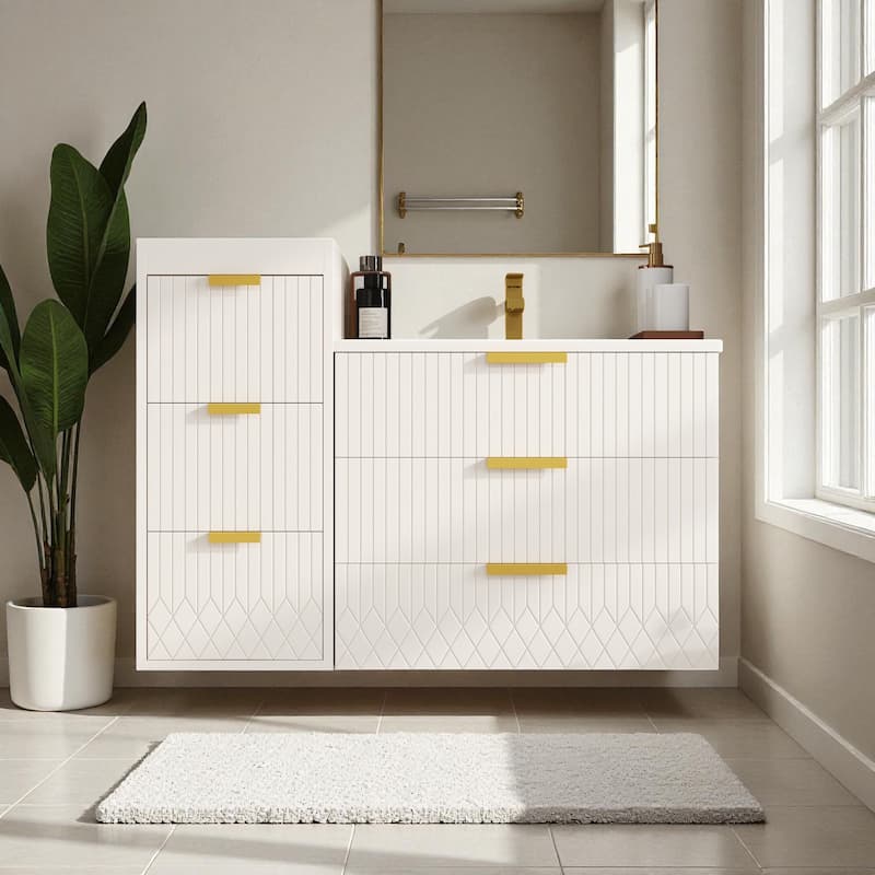12" Wall Mounted Floating Bathroom Side Cabinet with Drawers, Modern MDF Storage Cabinet with L-Shape Handles