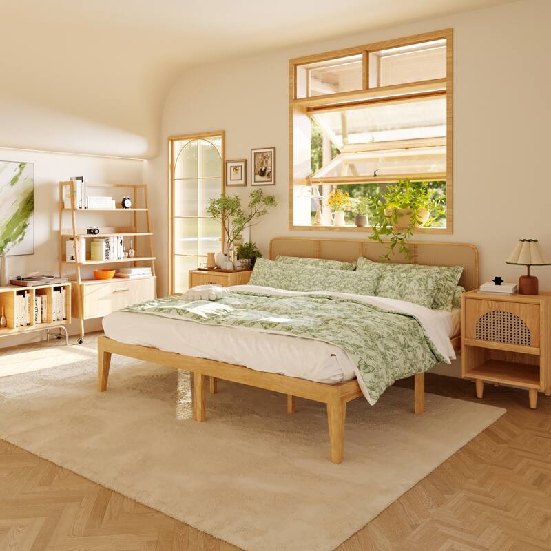 Solid Wood Platform Bed Frame with Rattan Headboard, 600 lbs Heavy Duty Support, Plywood Slats Queen / Full Size