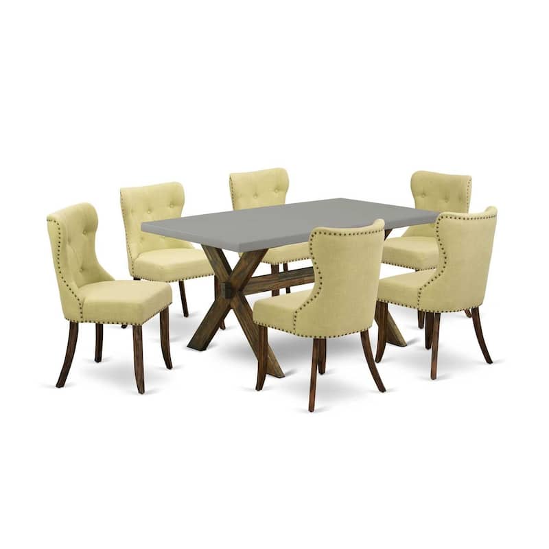 French Country 7-Piece Dining Set - Linen Fabric Parsons Chairs & Cement Top Table - Kitchen Living Room Furniture