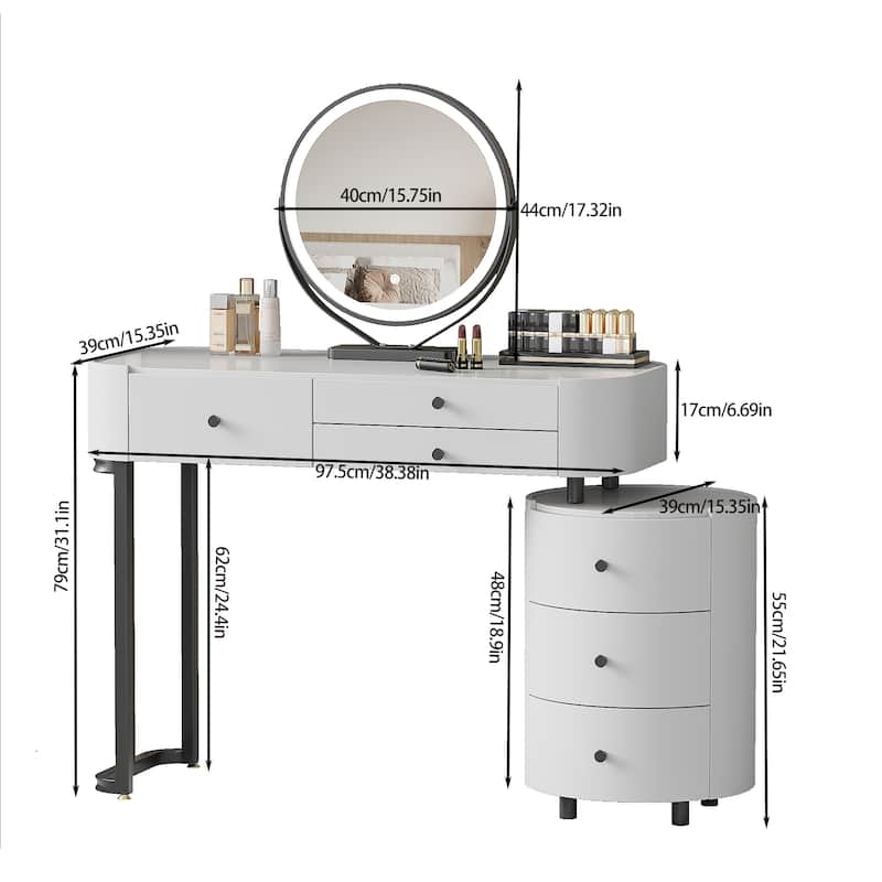 Modern Minimalist Dressing Table with Detachable Mirror and Rotatable Side Cabinet Makeup table, Easy Assembly Vanity
