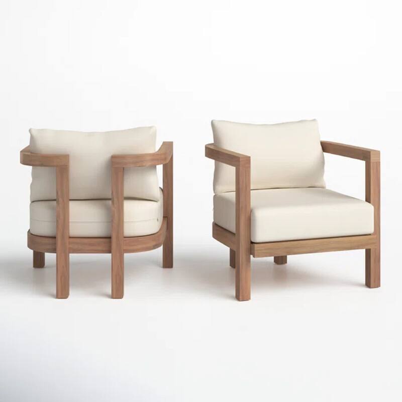Roomfitters Outdoor Acacia Wood Patio Club Chair, Waterproof Cushions, Wash Finish with Beige Cushions