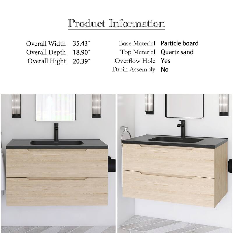 Floating Bathroom Vanity in Evita Oak with Integrated Quartz Sand Top