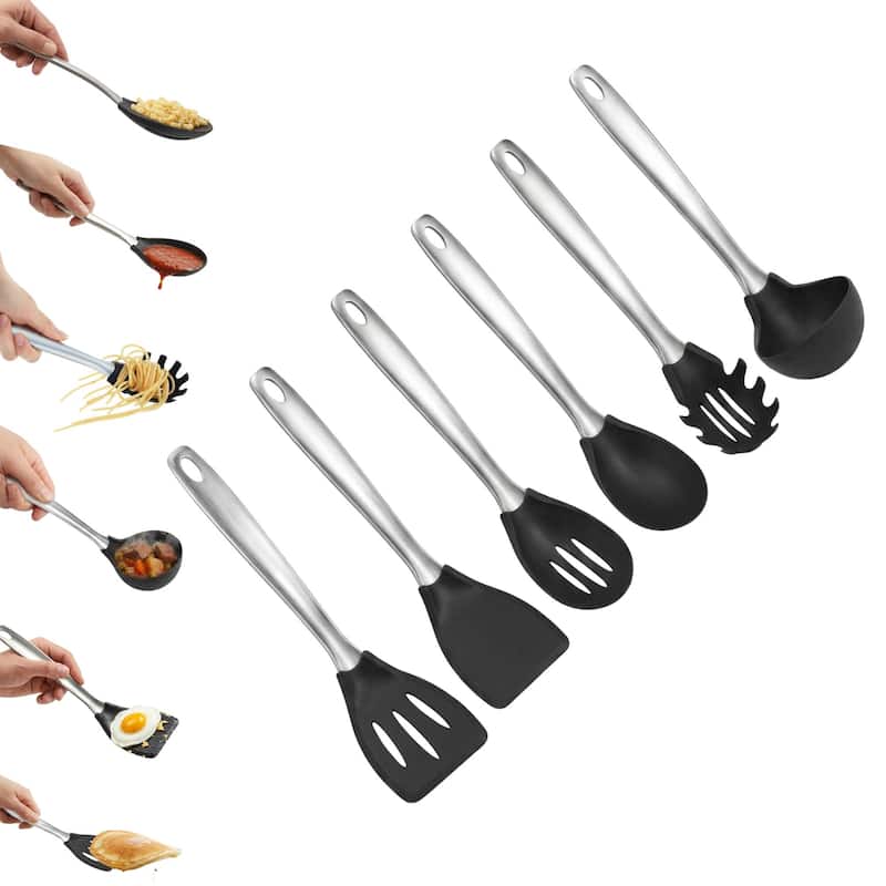 Amco 6 Piece Nylon Utensil Set - 15.74" H - 15.74" H - Black/Silver