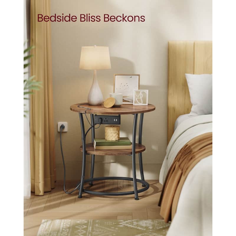 Metal Wood Round Side Table with USB Ports and 2 Tier Storage - 21.7"D x 21.7"W x 21.7"H