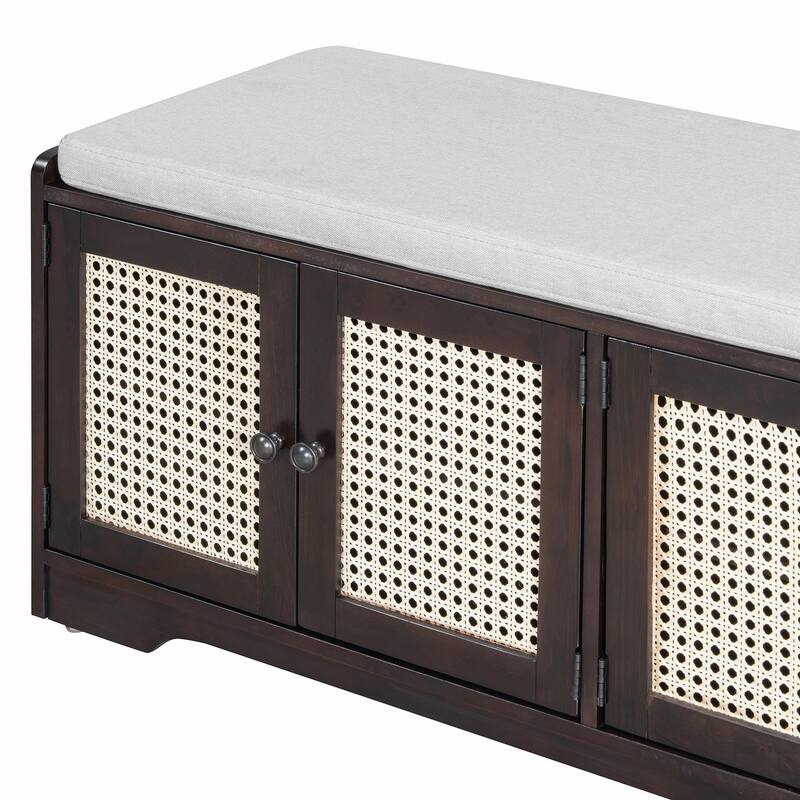 Rustic Storage Bench with Removable Cushion, Woven Rattan Doors & Adjustable Shelves