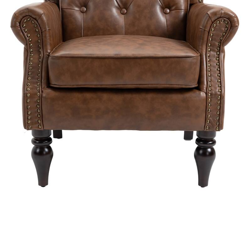 Modern Wood Frame Accent Armchair - Supportive PU Leather Lounge Chair for Living Room & Bedroom