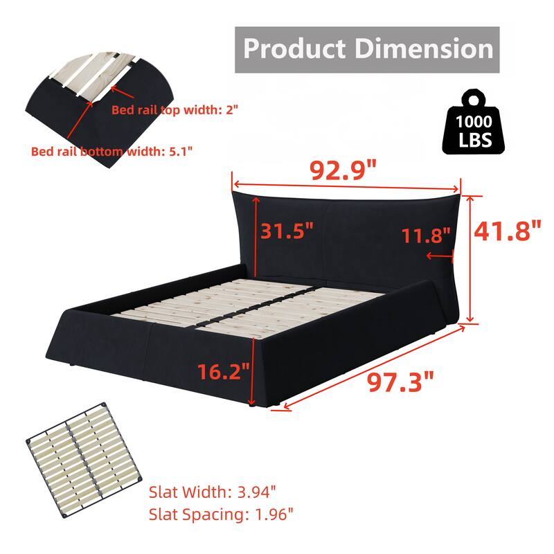 King/Queen Size Velvet Upholstered Platform Bed Frame with Soft Padded Headboard