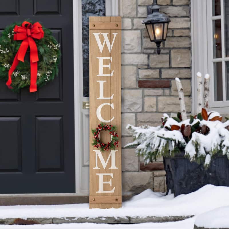 Glitzhome 60"H Wooden Welcome Porch Sign with 4 Floral Wreaths for Fall Halloween Thanksgiving Christmas Decoration