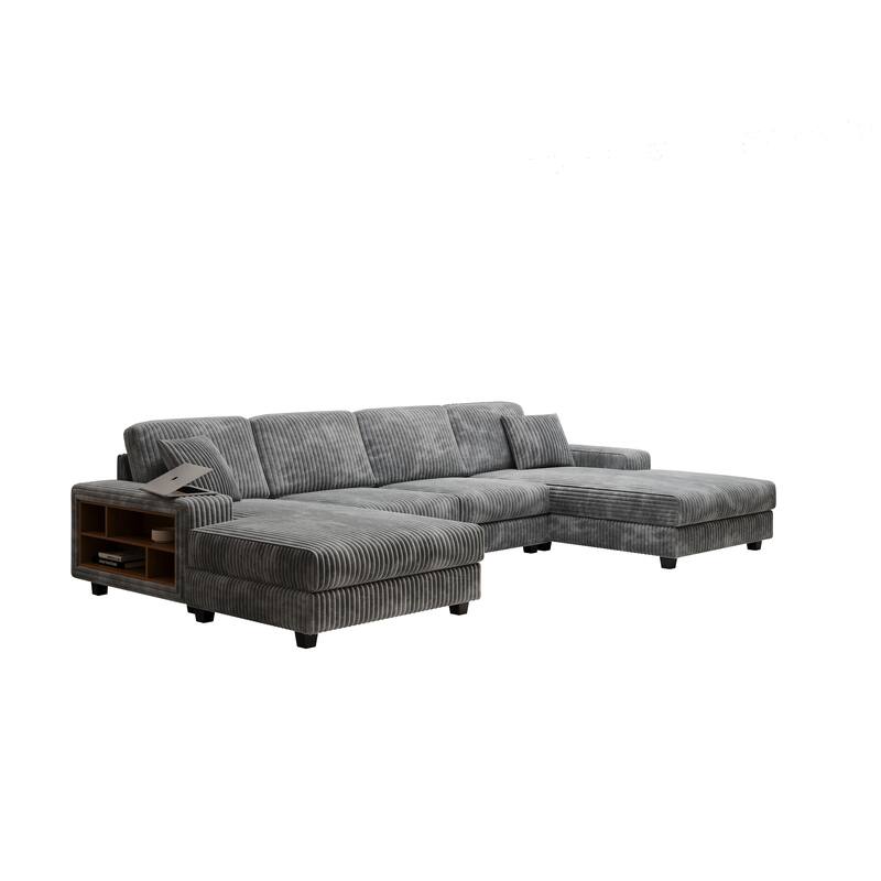 139.76" Corduroy U-Shaped Sectional Sofa with Storage Arms & Pocket Spring Cushions