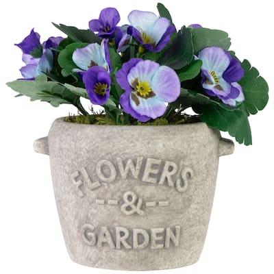 Pansy Artificial Floral Arrangement in "Flowers & Garden" Pot - 6" - Purple and Blue