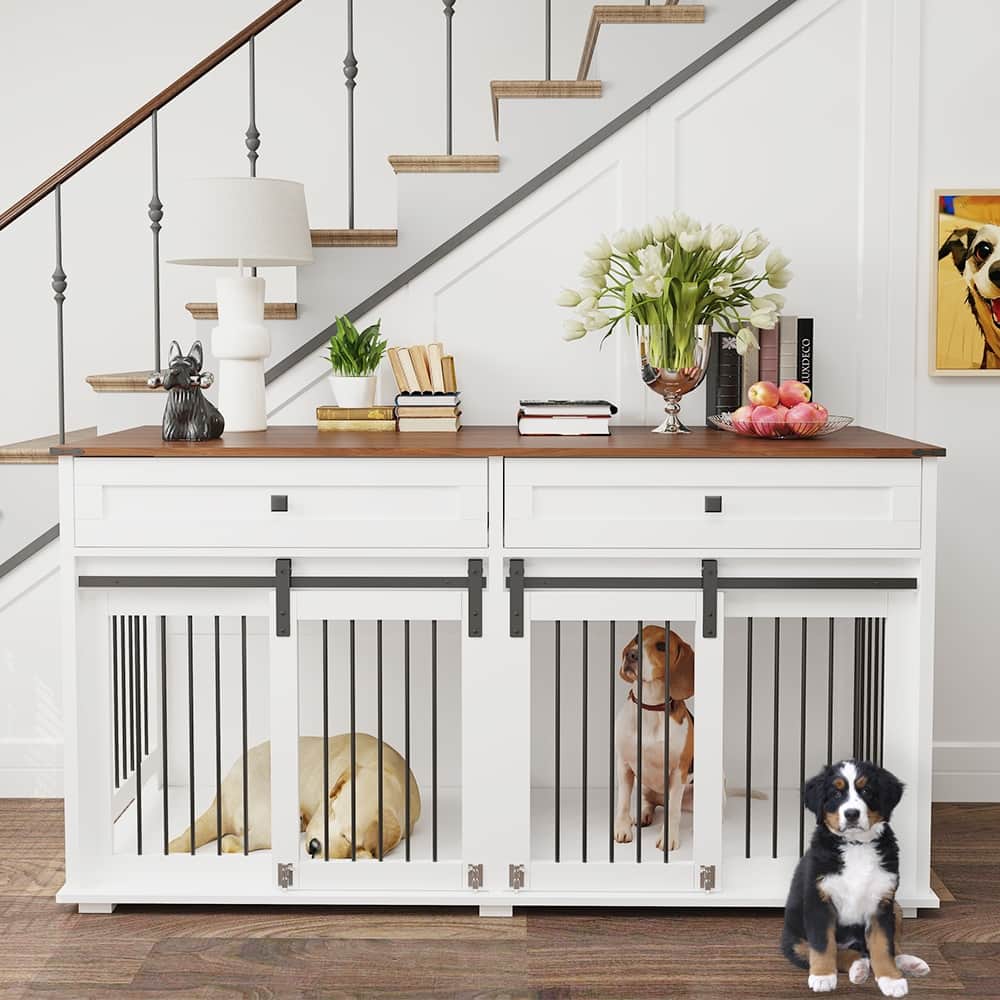 63''L Dog Crate Furniture for 2 Dogs, Large Double Dog Kennel Furniture TV Stand, Furniture Style Dog Crate End Table