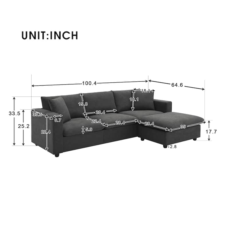 100.4*64.6"Sectional Sofa,L-shaped Couch Set with 2 Free pillows,4-seat Polyester Fabric Couch Set with Convertible Ottoman