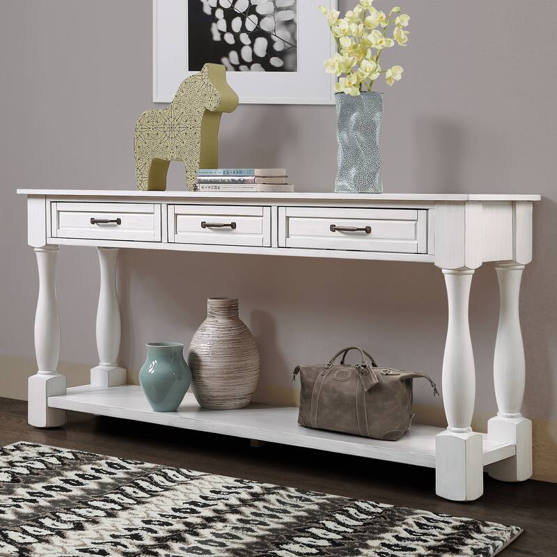 Solid Wood Console Table with 3 Drawers and Bottom Shelf