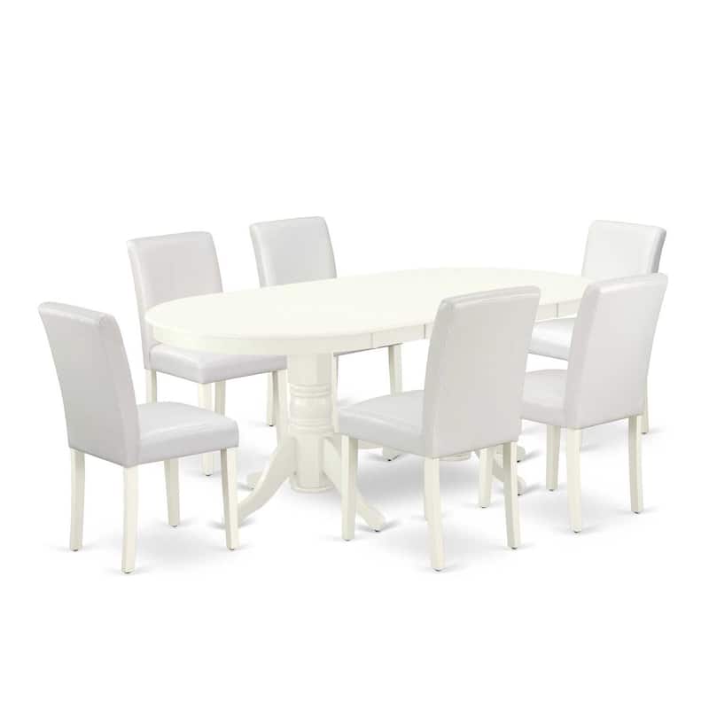 Southwestern Dining Set 7Pc - Table & 6 Chairs - Linen White Legs - PU Leather White Finish