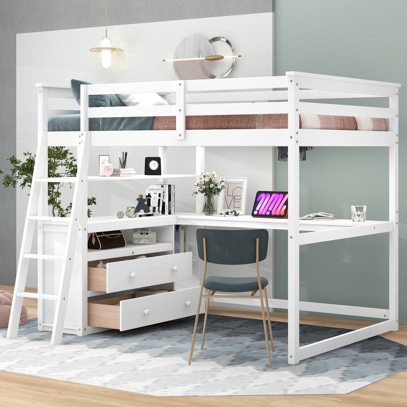 Twin/Full Size Wood Loft Bed w/Desk,Storage Shelves&2 Built-in Drawers