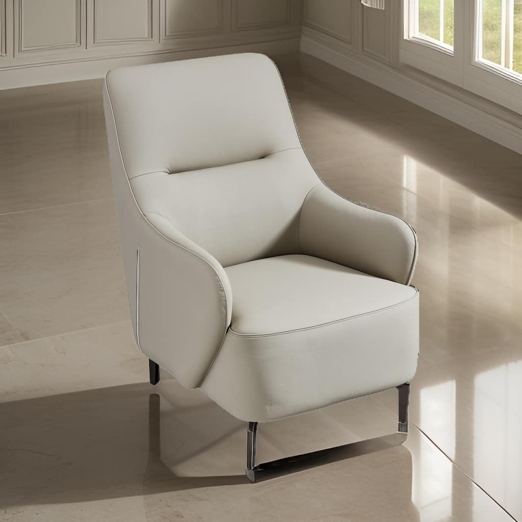 Lavy 34 Inch Accent Chair Armchair, Tall Back, Gray Real Leather Upholstery