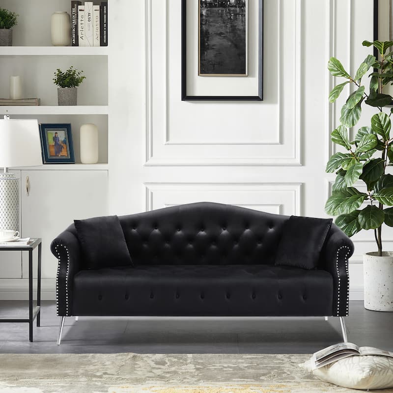 3 Seater Velvet Upholstered Sofa with Pillow and Nailhead Arms, Black ...