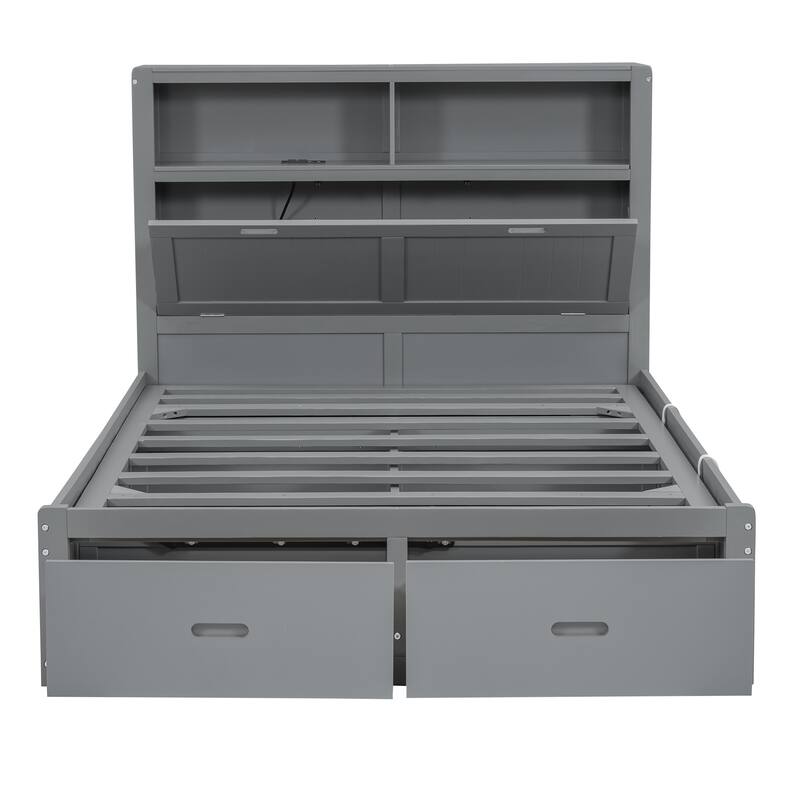 Gray Full Size Wooden Platform Bed with Storage LED Headboard, Charging Station and 2 Drawers