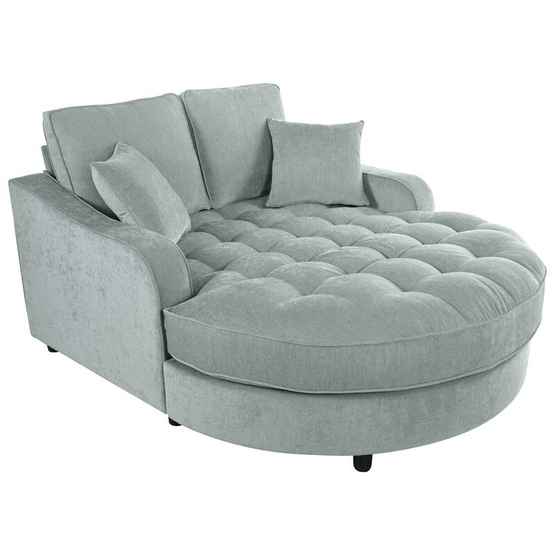 55" Misty Green Chenille Chaise Lounge Sofa Bed with Tufted Seat and Detachable Pillows