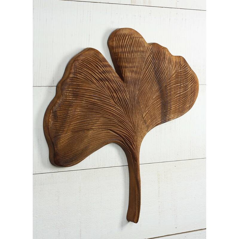 12" Hand Carved Wooden Ginkgo Leaf Wall Panel Nature-Inspired Botanical Wall Art, Rustic Home Decor