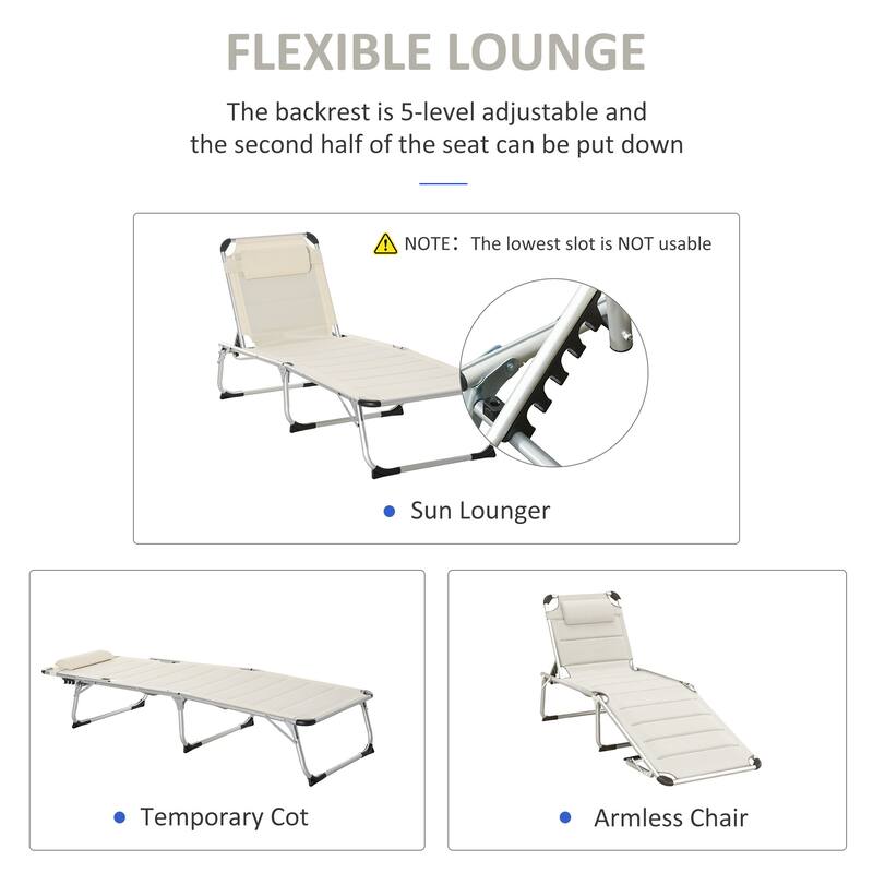 Sunbed folding chaise lounge with upholstered seat and pillow