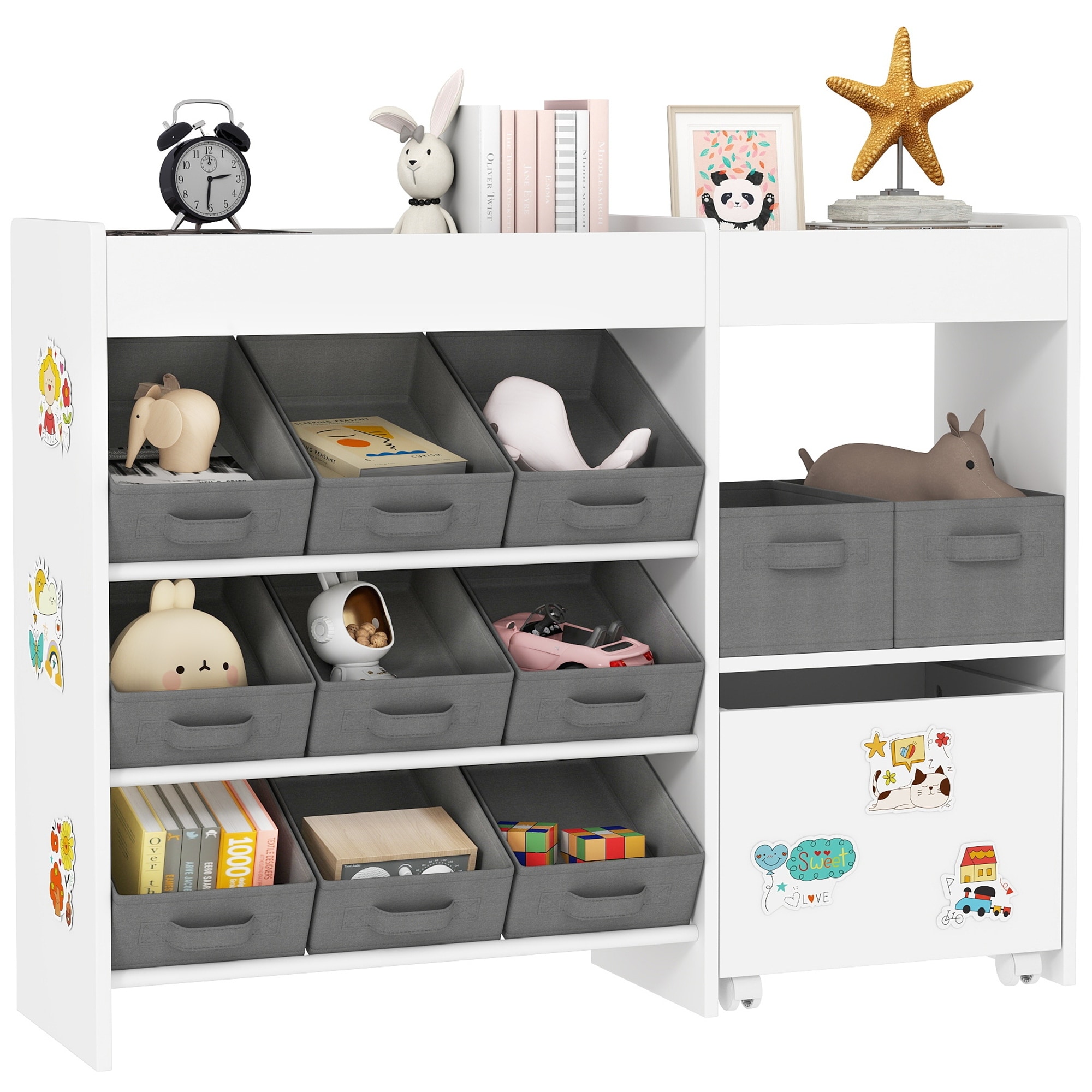 Toy Storage Organizer with 6 Shelves and 11 Fabric Bins, Moveable Cabinet and 3 Stickers, Toy Organizer for Nursery, Playroom